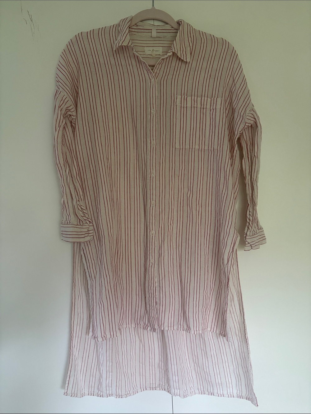 Lou & Grey Cream Cotton Button-Down Longline Shirt with Red Stripes S
